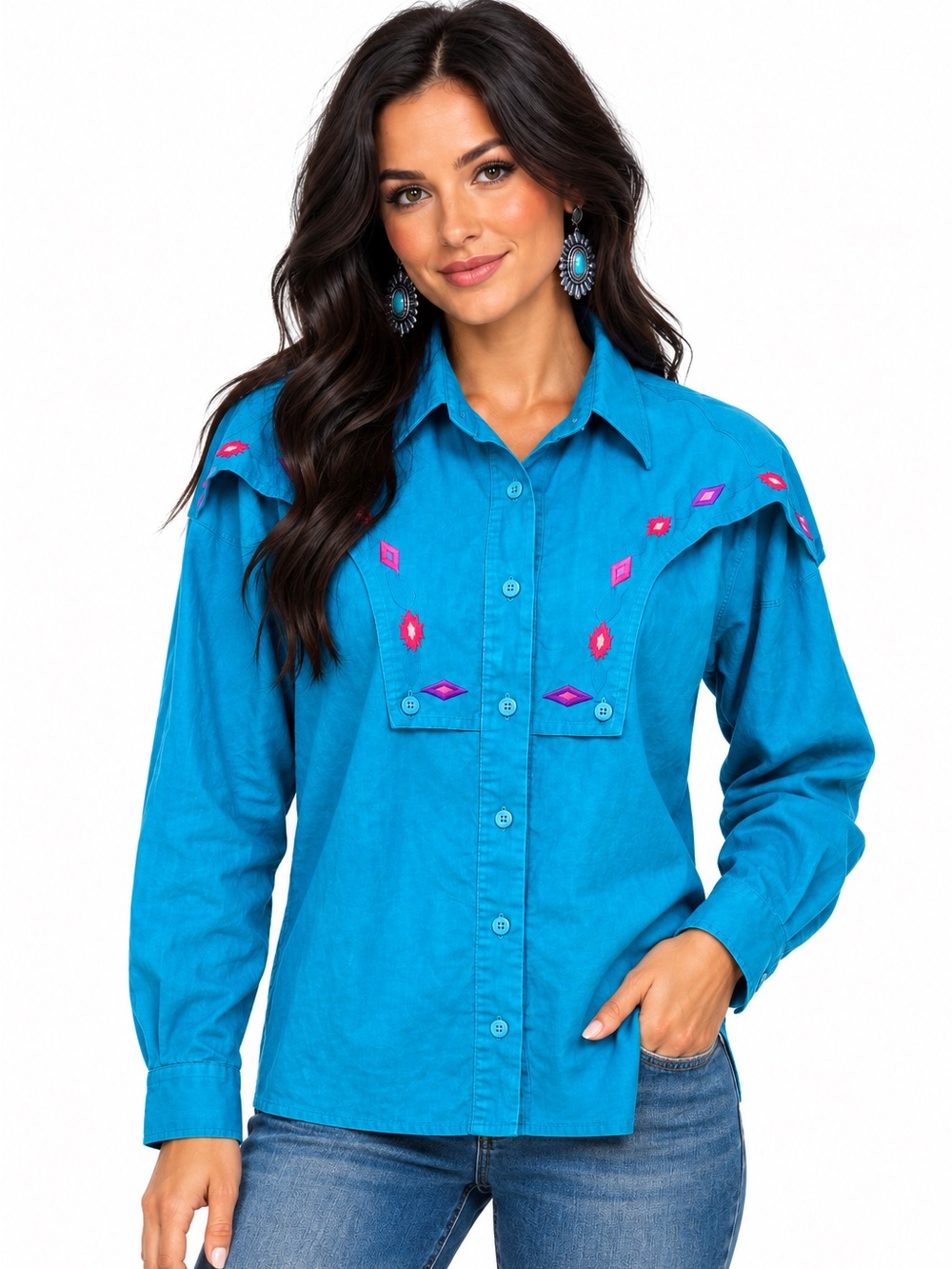 Side Saddle Cotton Turquoise Embroidered Western Bib Shirt - Medium
